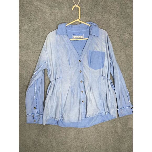Free people we the free blue denim button up collared lightweight raw hem S - Picture 3 of 13